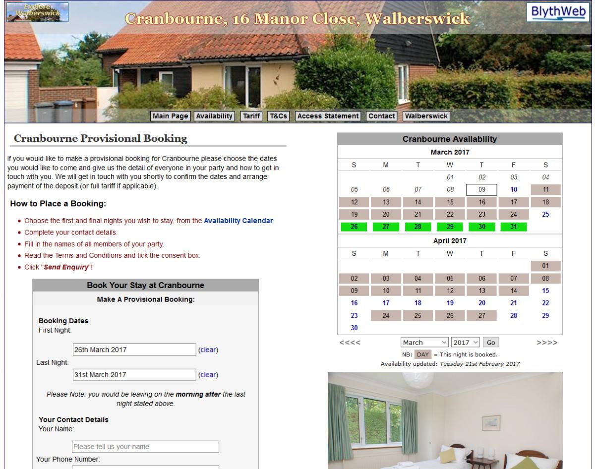 Cranbourne Holiday Cottage Provisional Booking